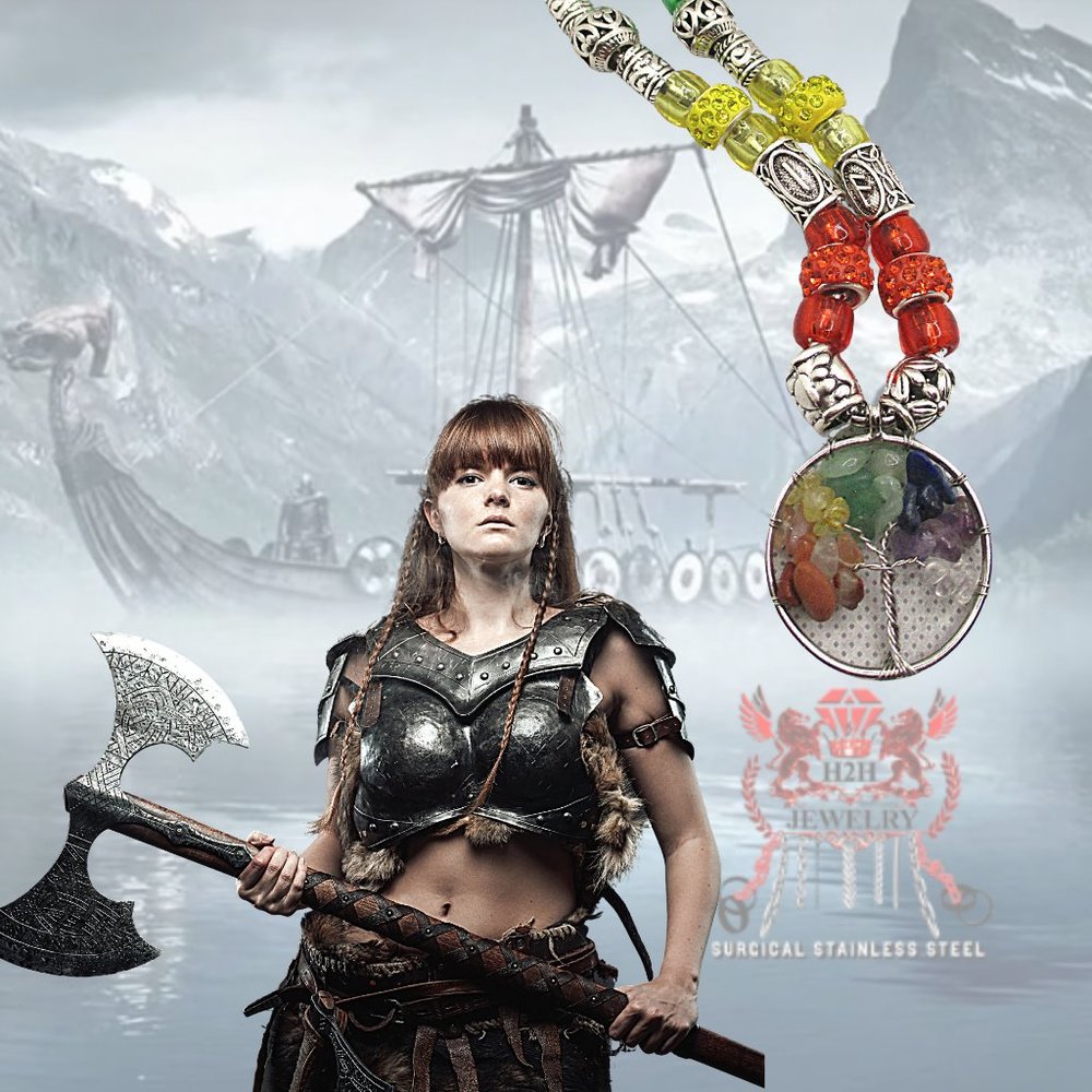 Viking Tree Of Life Pendant with Runes Letter Spacers Rhinestone Necklace